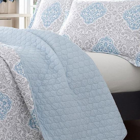 cxmicrotex Sengetøy 3 deler Dynesett Vendbart Blå Damask Sengeteppe